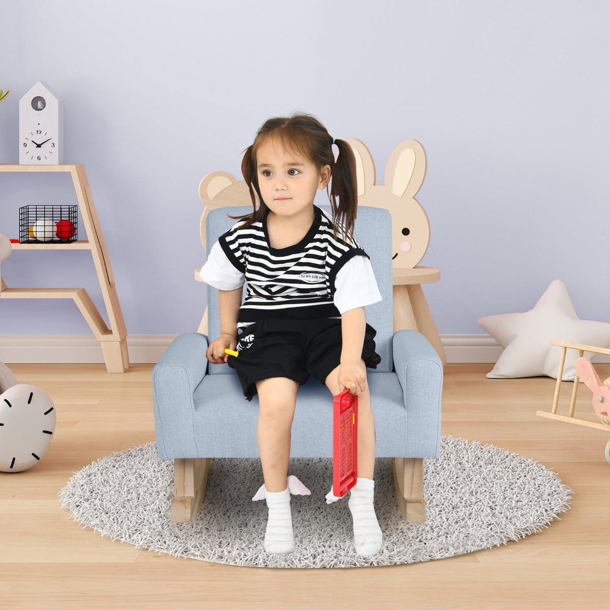 Blue Kids Rocking Seat - Wood Legs, Anti-tipping Design, Safe and Fun