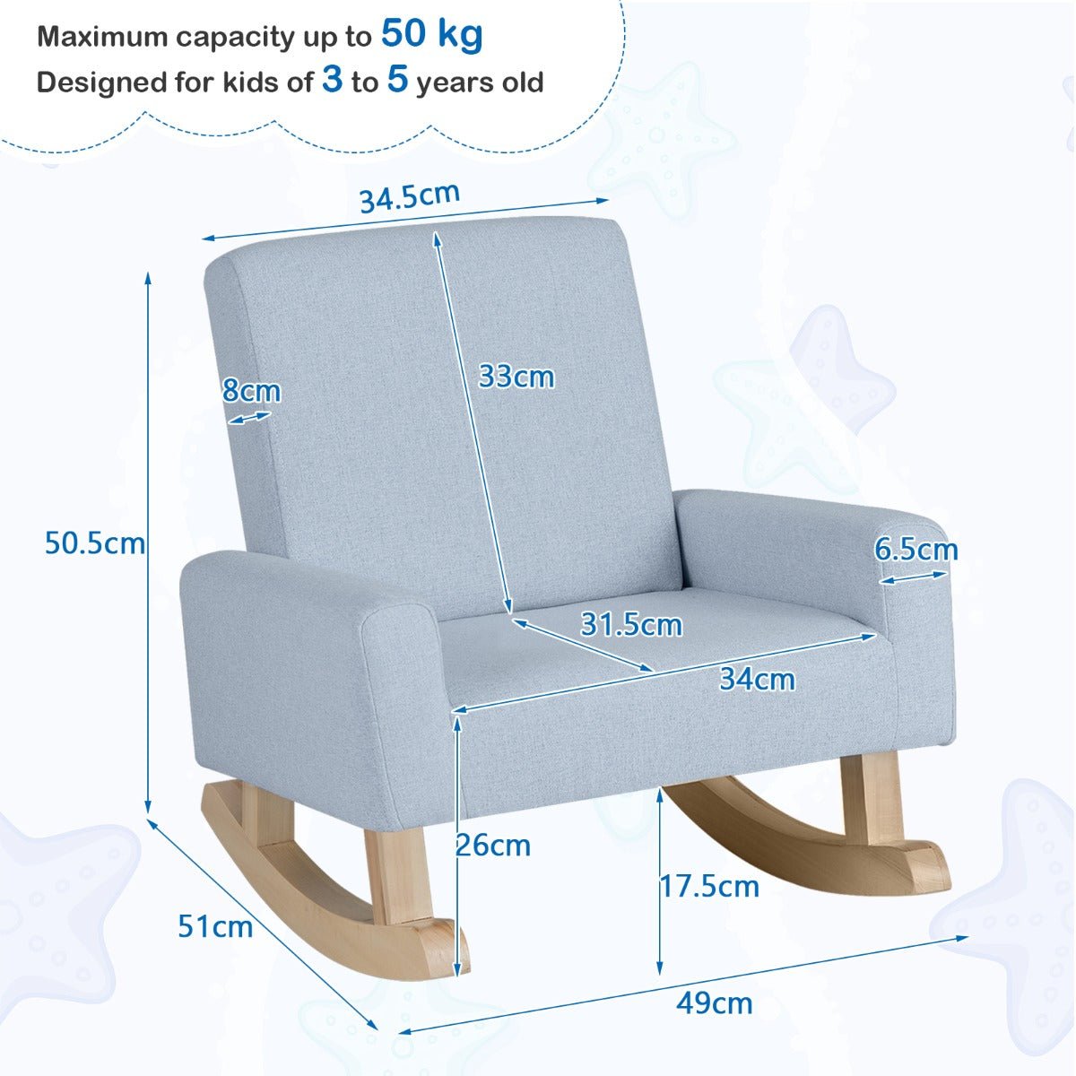 Rocking Chair for Kids - Blue, Wood Legs, Anti-tipping Design for Safety