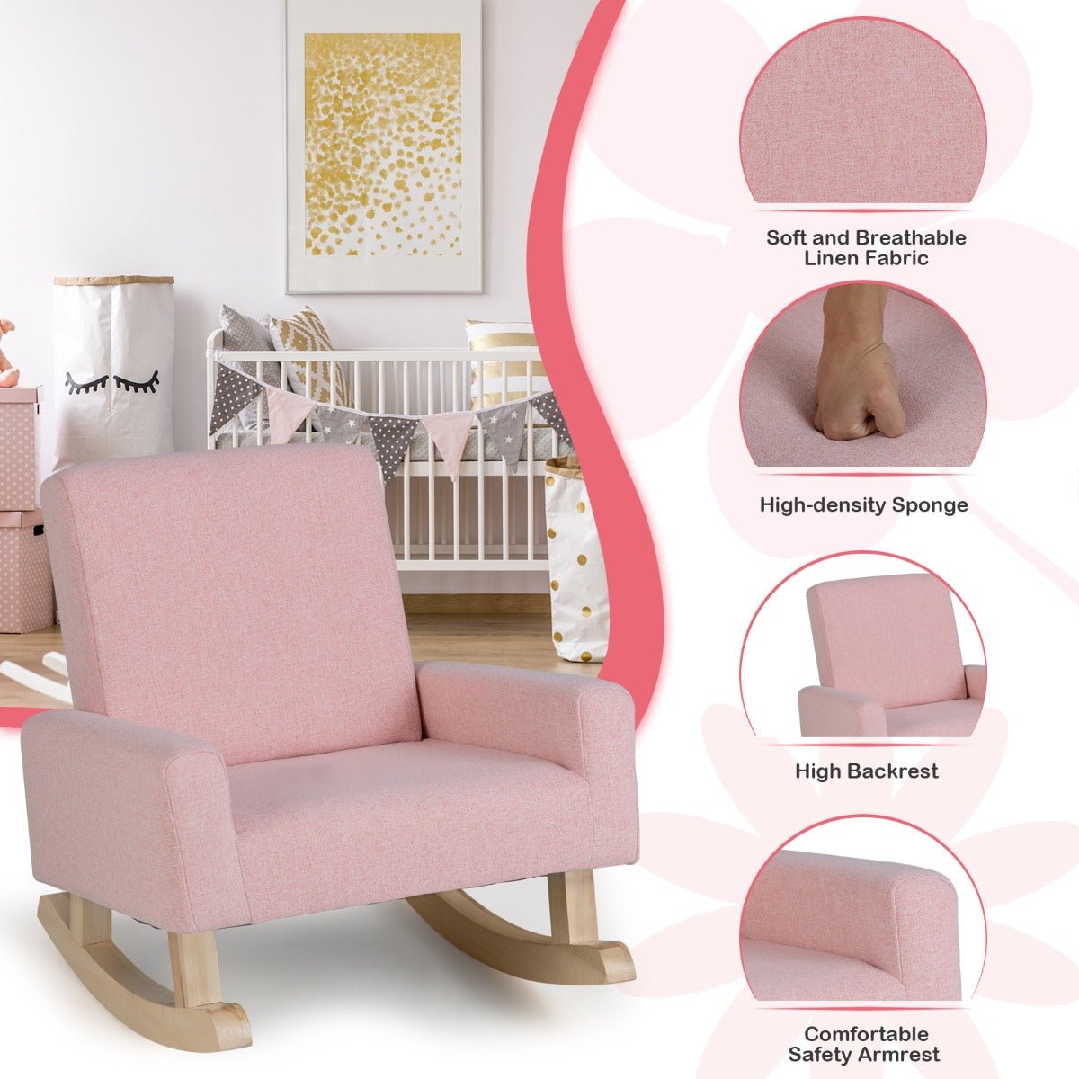 1Pink Kids Rocking Chair - Wood Legs, Anti-tipping Design, Safe and Delightful