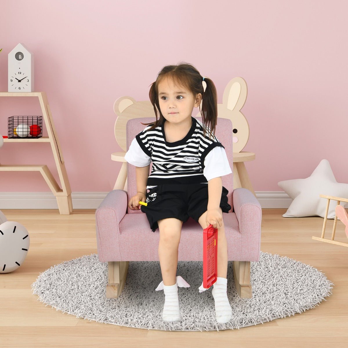 Pink Kids Rocking Seat - Wood Legs, Anti-tipping Design, Safe and Charming