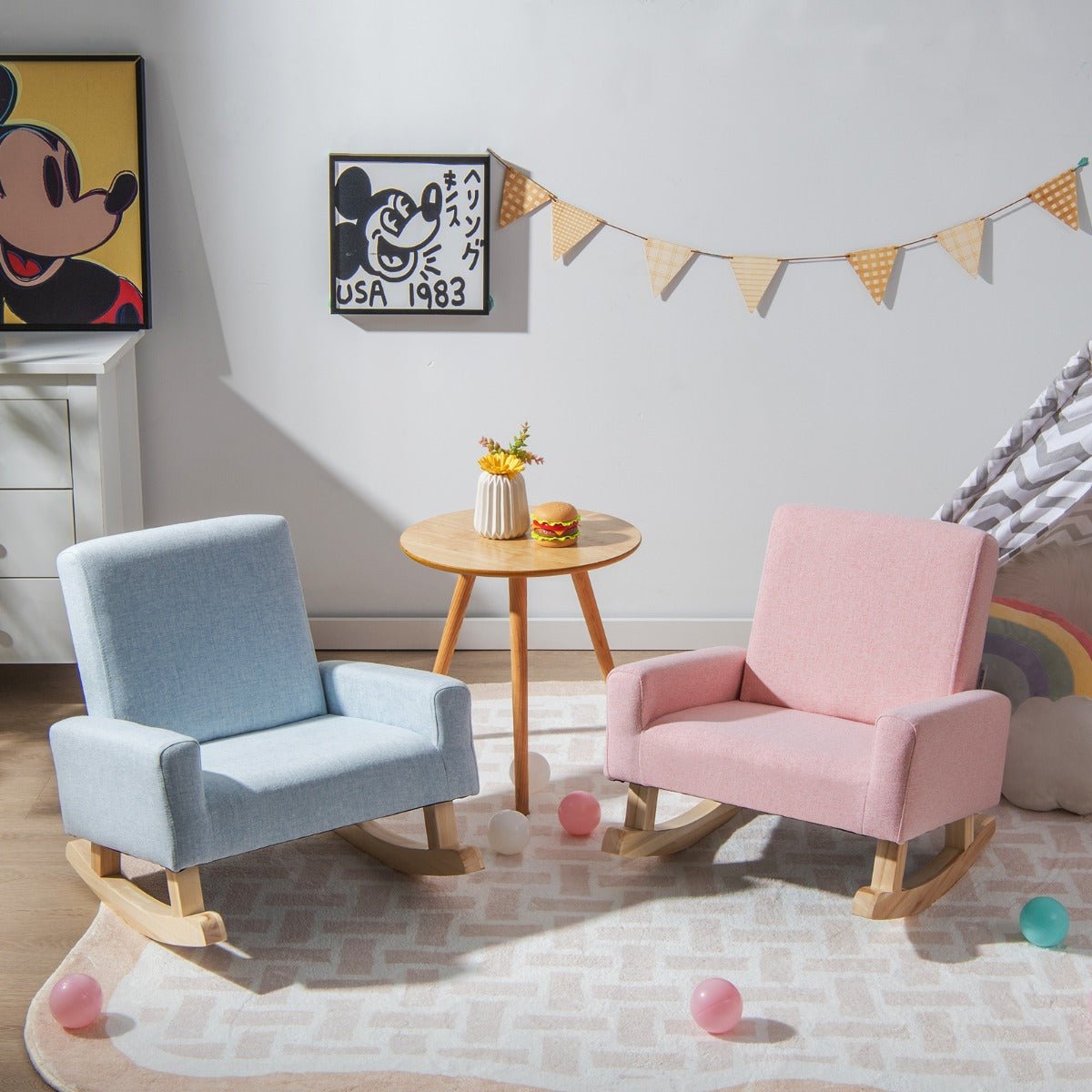 Safe Kids Rocking Chair - Pink, Wood Legs, Anti-tipping Design for Joyful Playtime