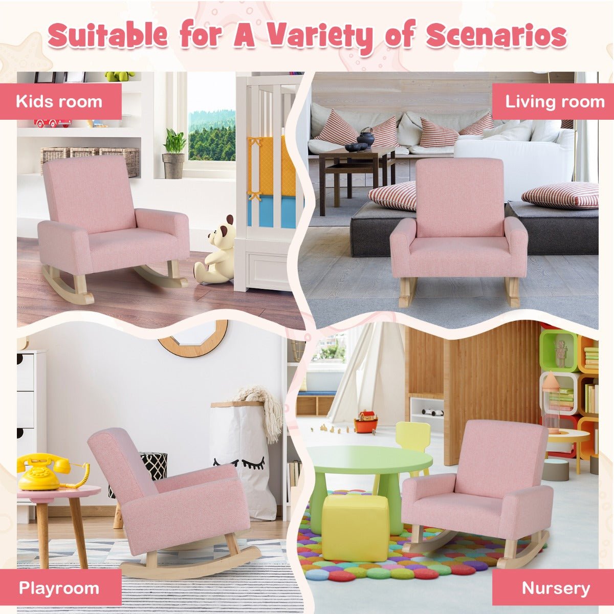 Pink Children's Rocker Chair - Stable Wood Legs, Anti-tipping Design for Fun