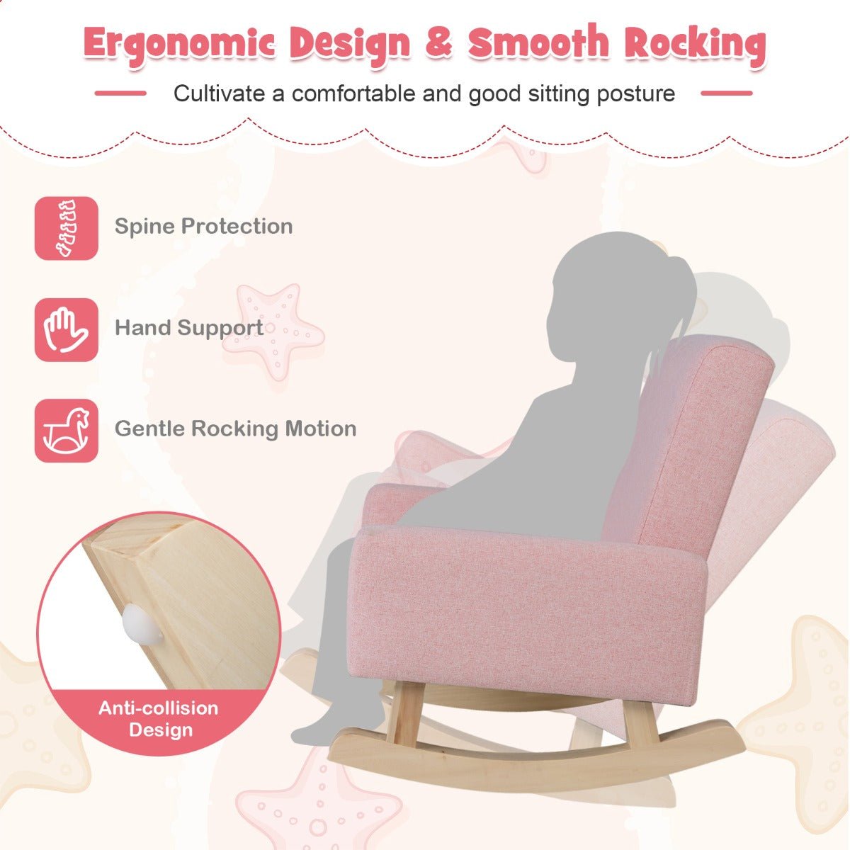  Kids Rocking Chair - Pink, Wood Legs, Anti-tipping Design for Relaxing Play