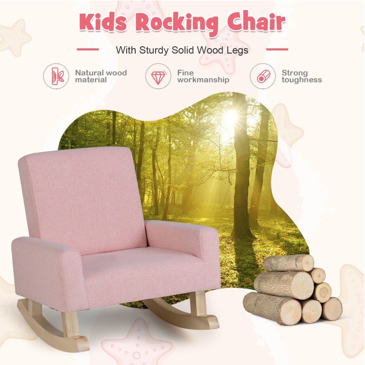 Pink Kids Rocker Chair - Sturdy Wood Legs, Anti-tipping Design for Playful Comfort