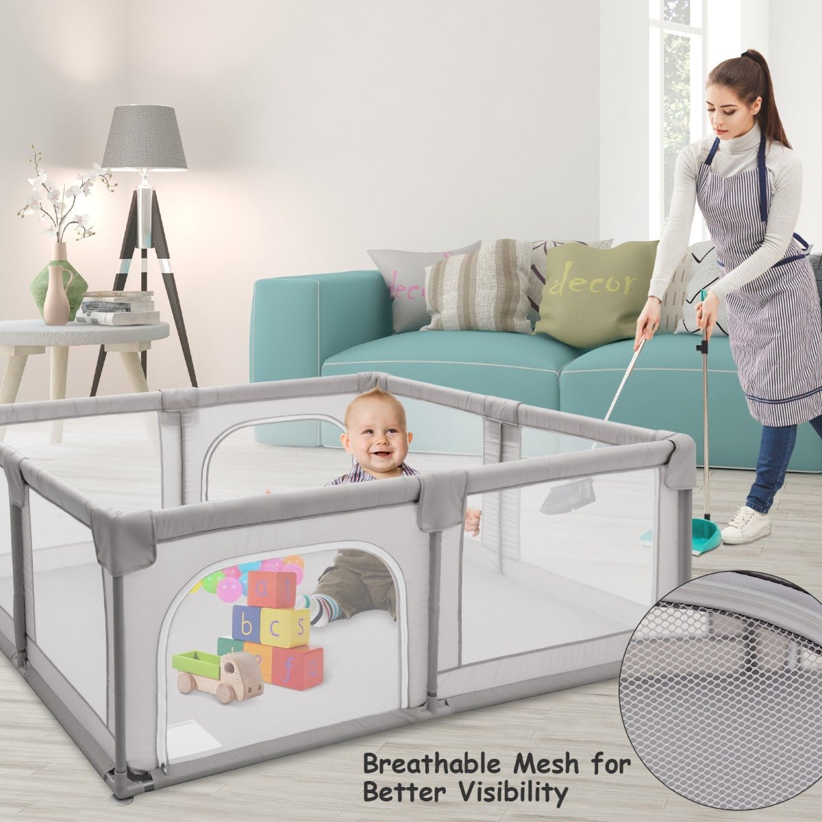 Play Yard for Babies in Gray with Safety Lock