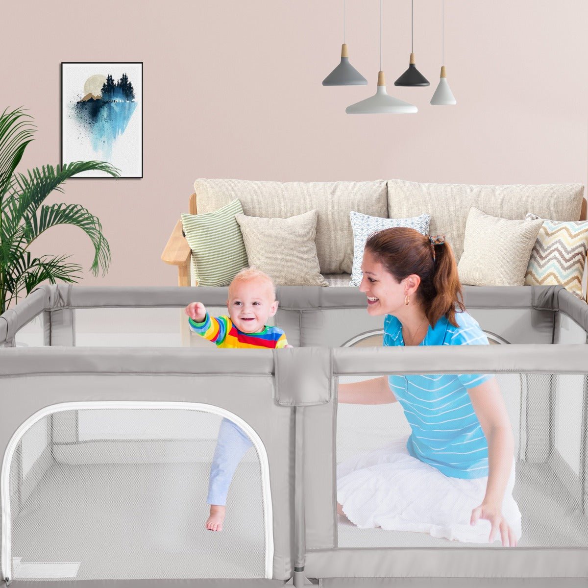 Baby Playpen in Gray with Interactive Elements