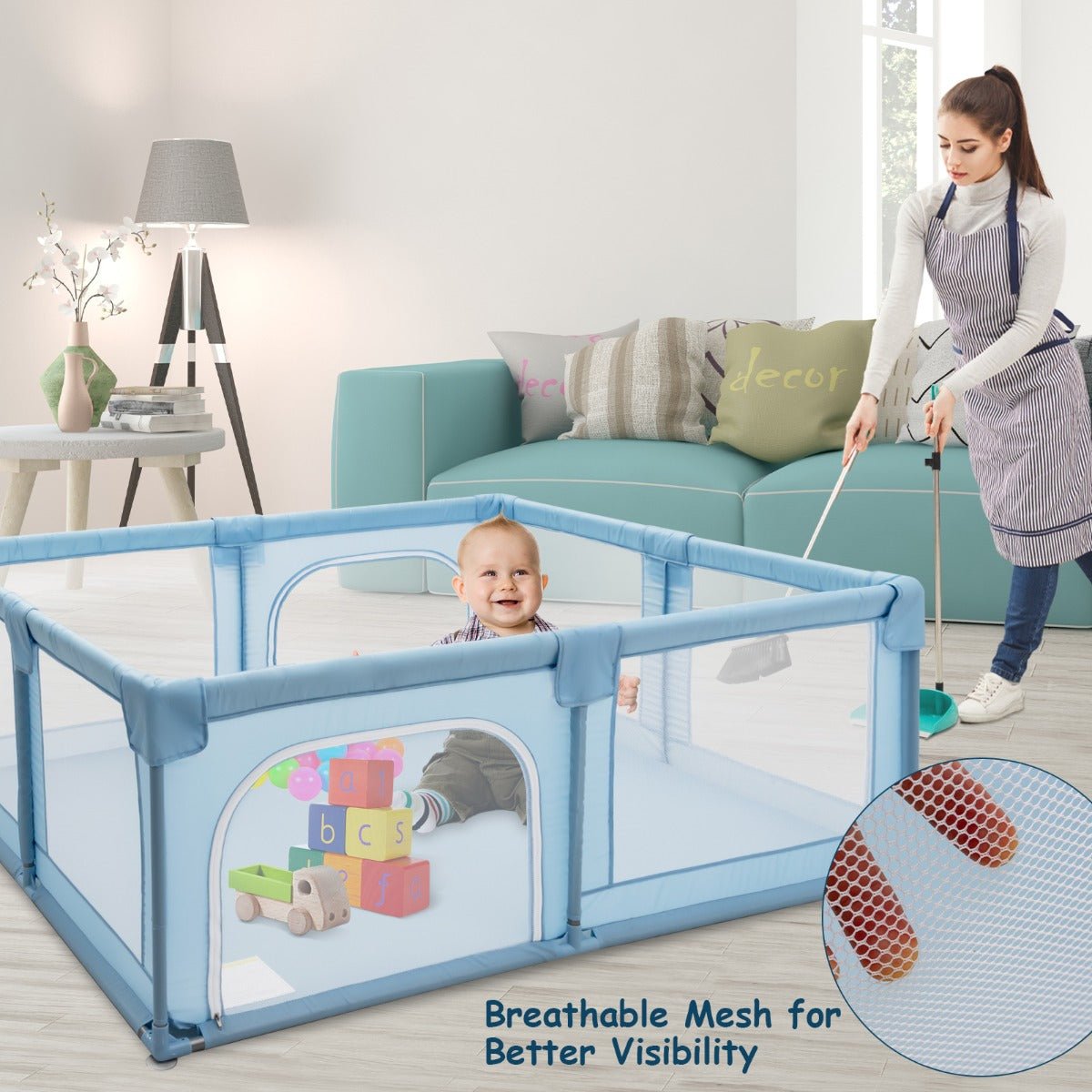 Blue Infant Safety Play Yard with Interactive Features