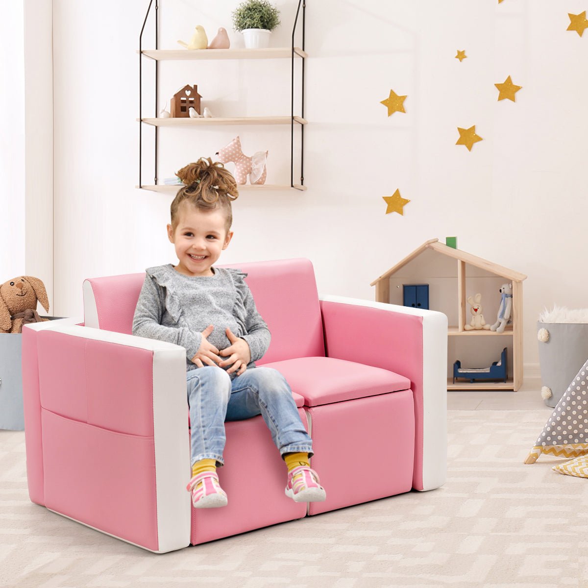 Pink Children's Sofa with Wooden Frame and Storage - Relaxation and Order