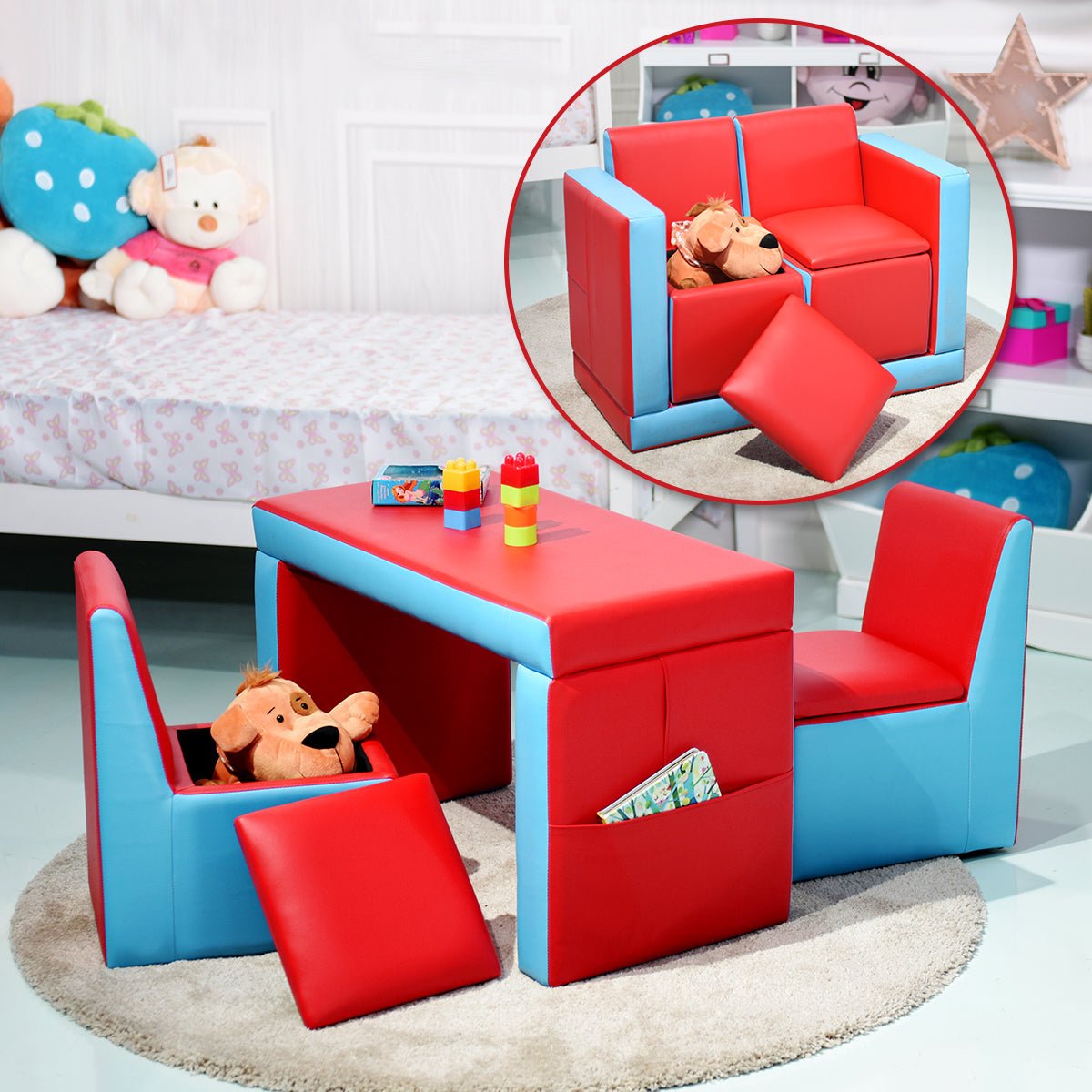Red Children's Sofa with Wooden Frame and Storage - Relaxation and Order