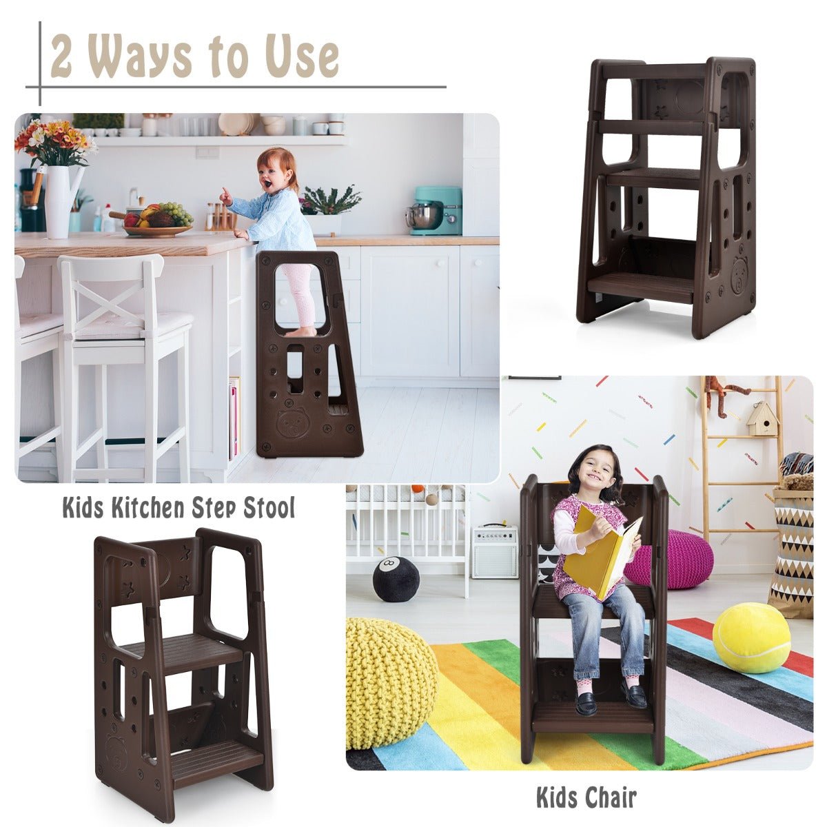 Kids Step Stool with Dual Safety Rails - Coffee-coloured Learning Support