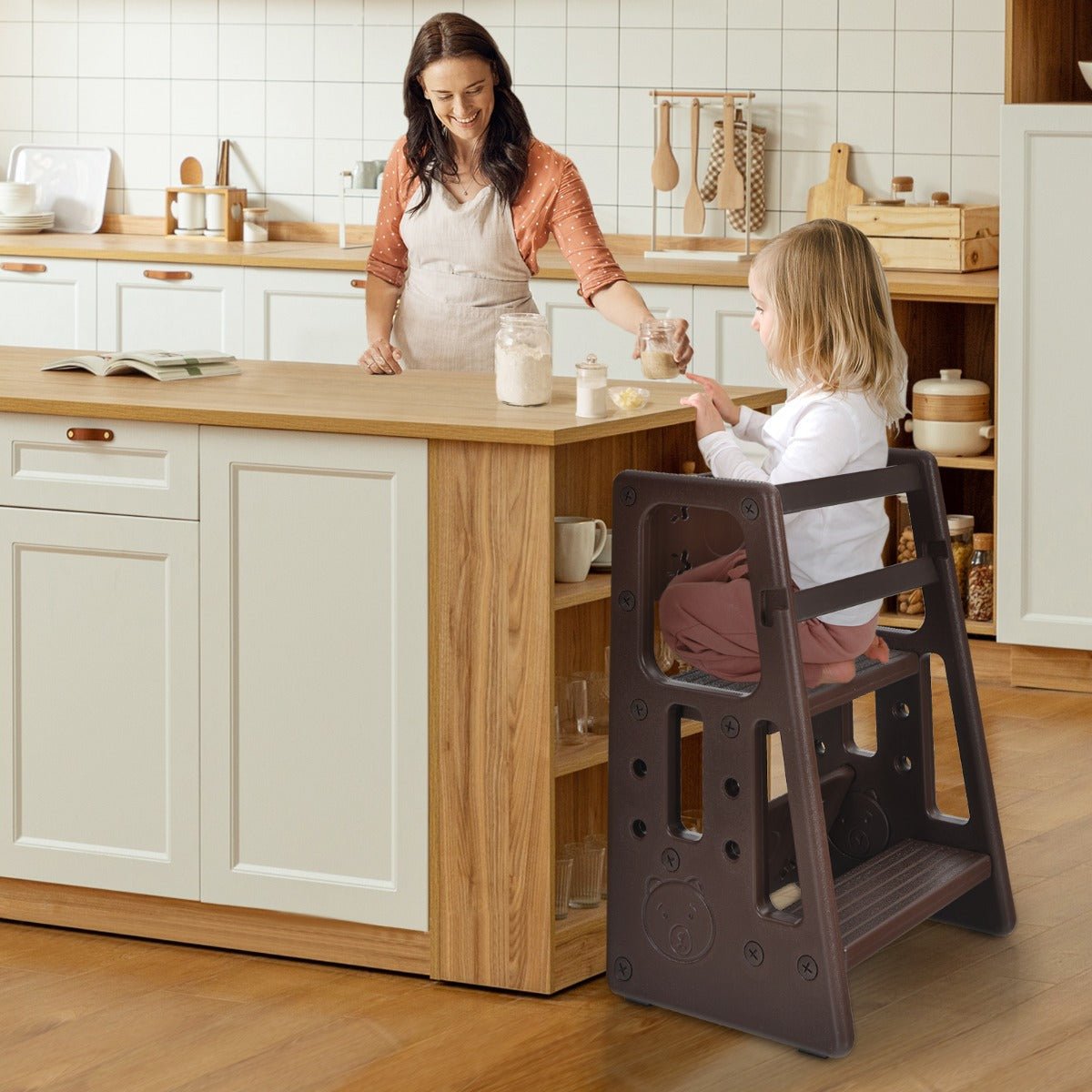 Kids Step Stool - Coffee-coloured Learning Aid with Dual Safety Rails