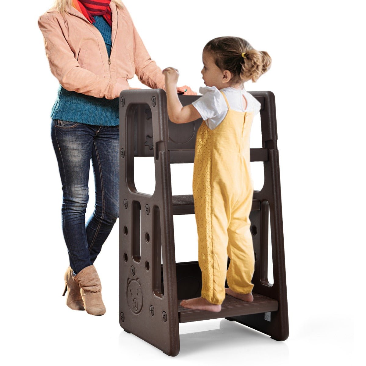 Kids Learning Stool - Coffee-coloured Step Aid with Double Safety Rails
