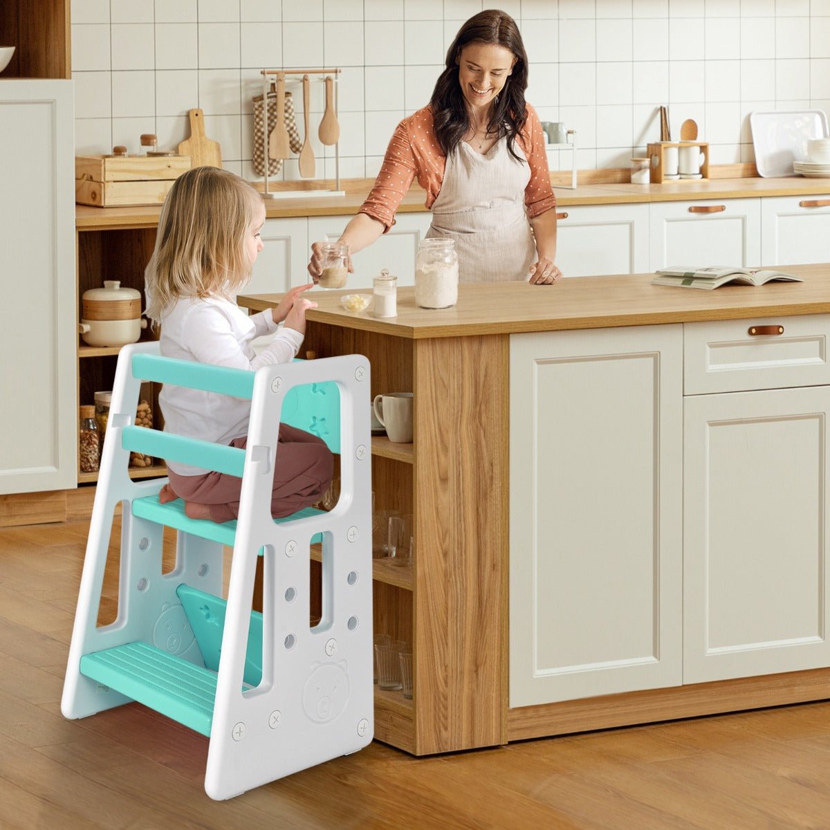 Kids Step Stool - Green Learning Aid with Dual Safety Rails for Toddlers