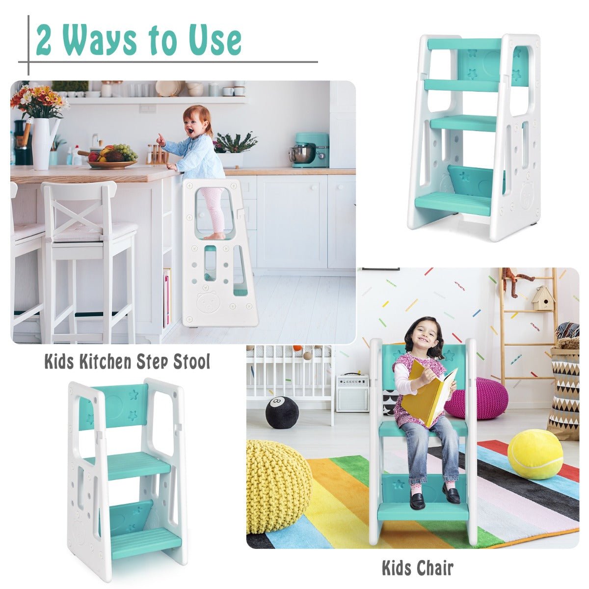 Kids Step Stool with Dual Safety Rails - Green Learning Support