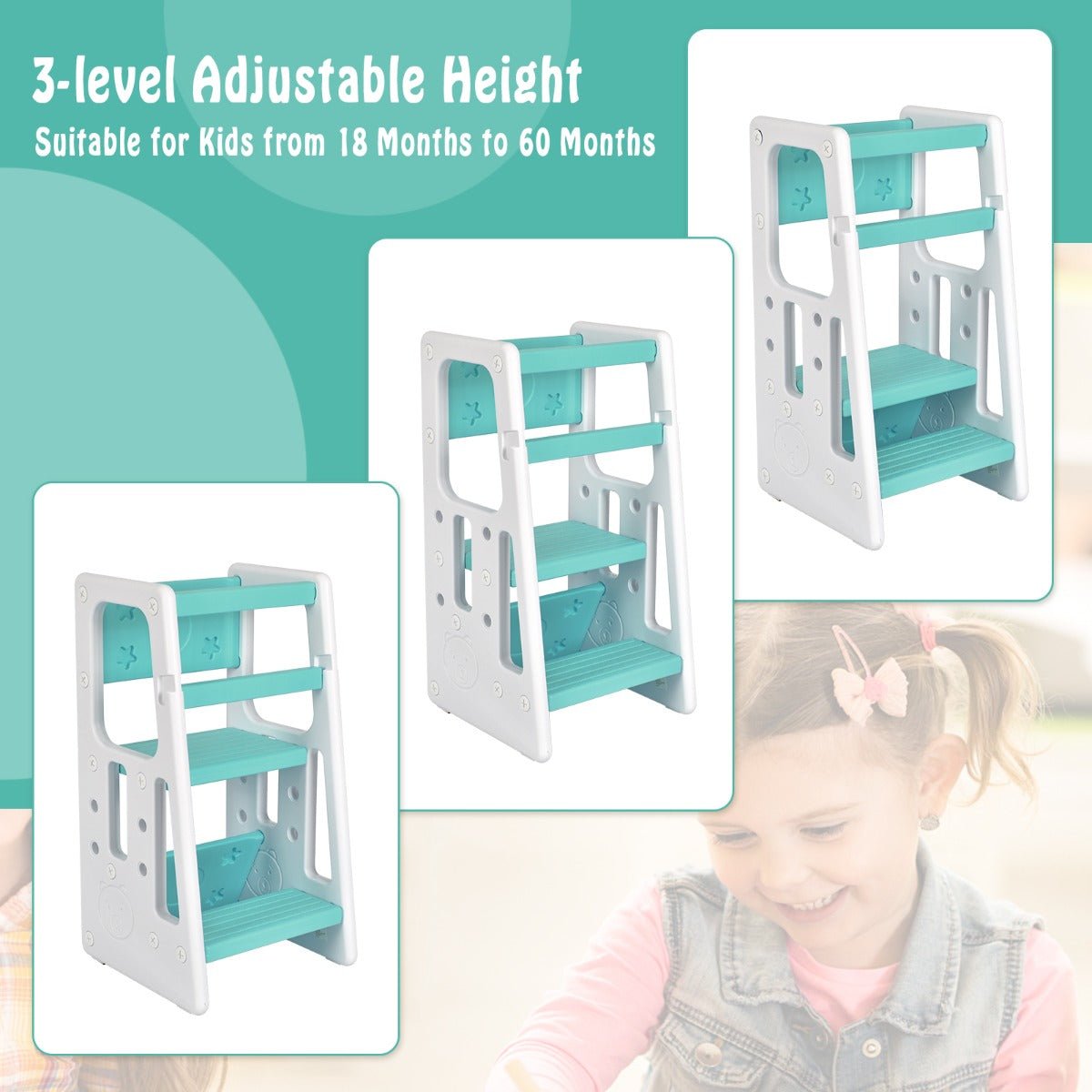 Green Step Stool for Kids - Double Safety Rails and Learning Support