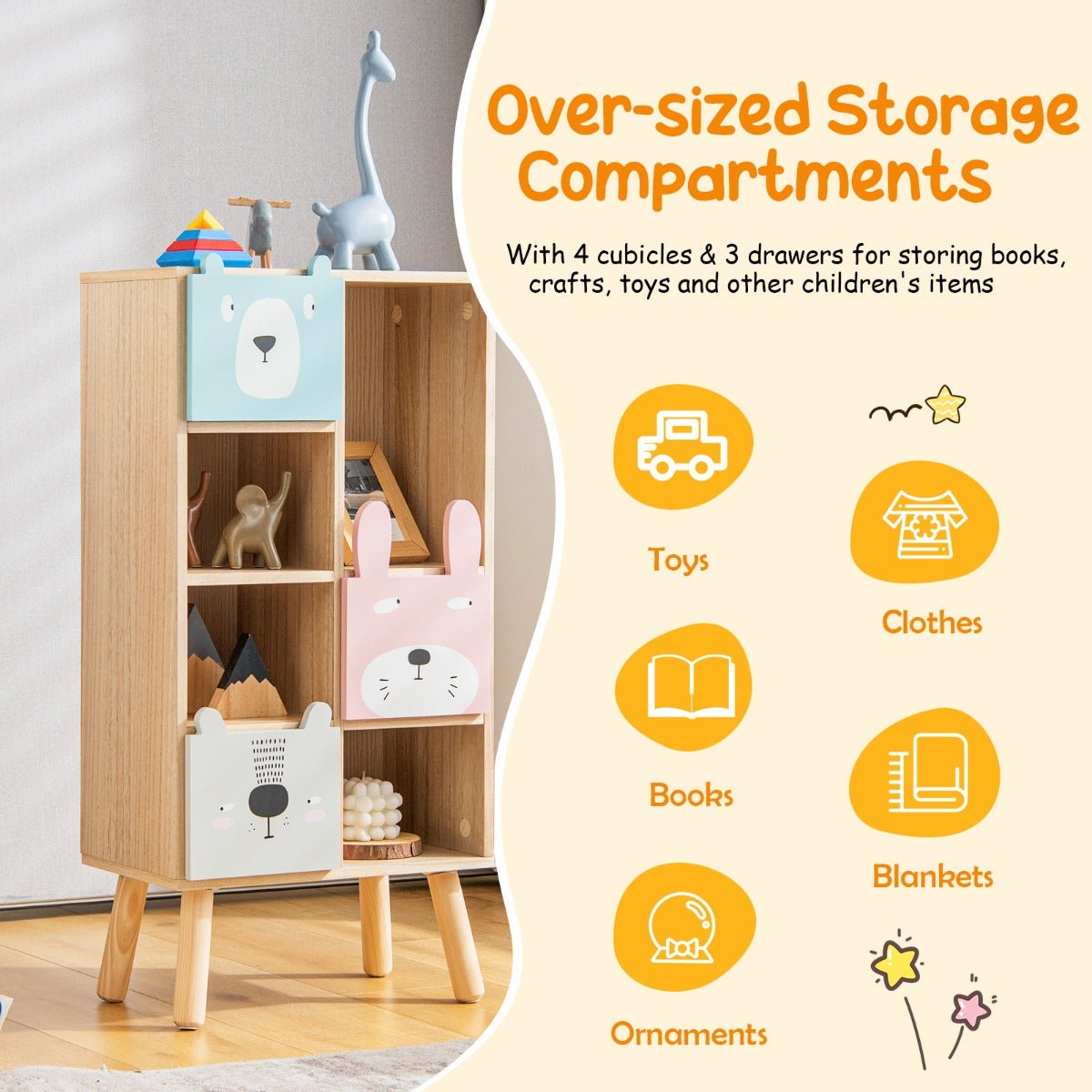 Toy Haven - Kids Storage Cabinet with 4 Cubbies & 3 Drawers