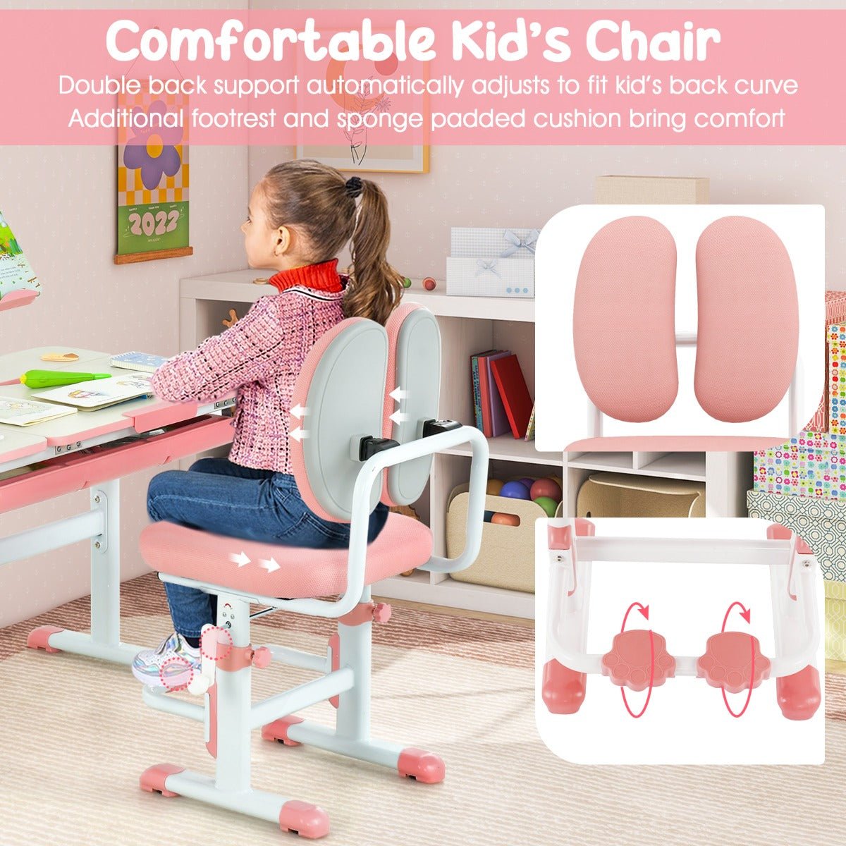 Adjustable and Comfortable: Pink Kid's Study Desk & Chair Ensemble