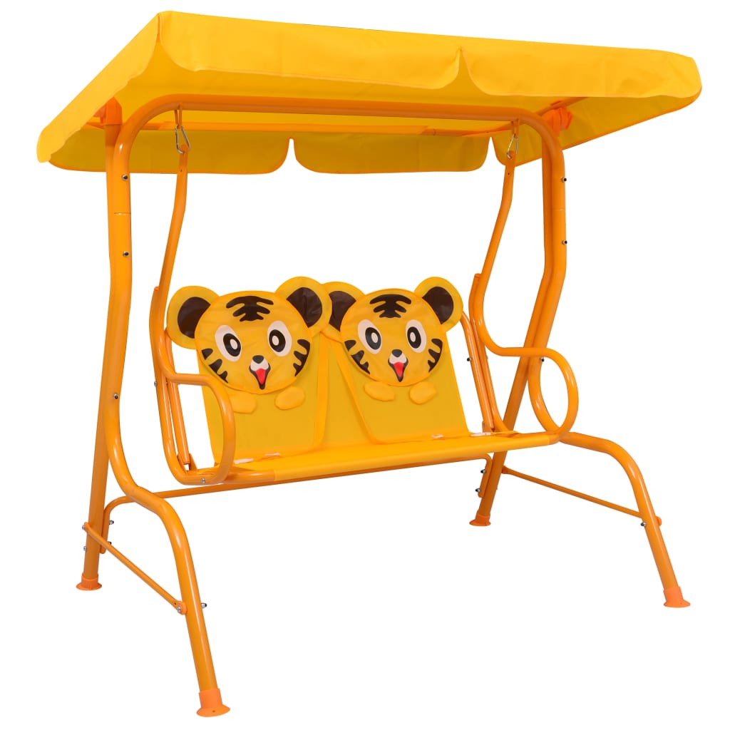 Yellow kids outdoor swing bench with canopy for backyard fun and relaxation.