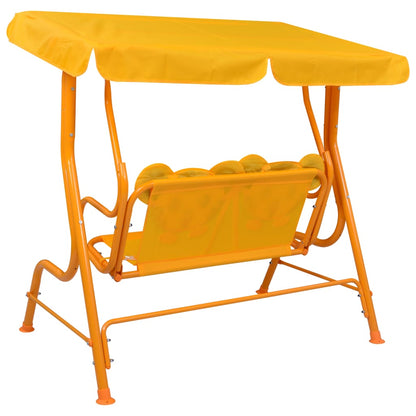 Yellow steel-framed outdoor swing bench for kids, featuring a canopy for backyard fun.