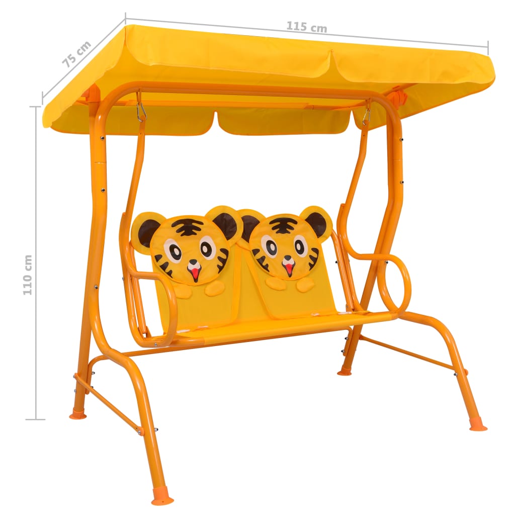 Yellow kids swing bench with canopy, perfect for outdoor play and relaxation in style.