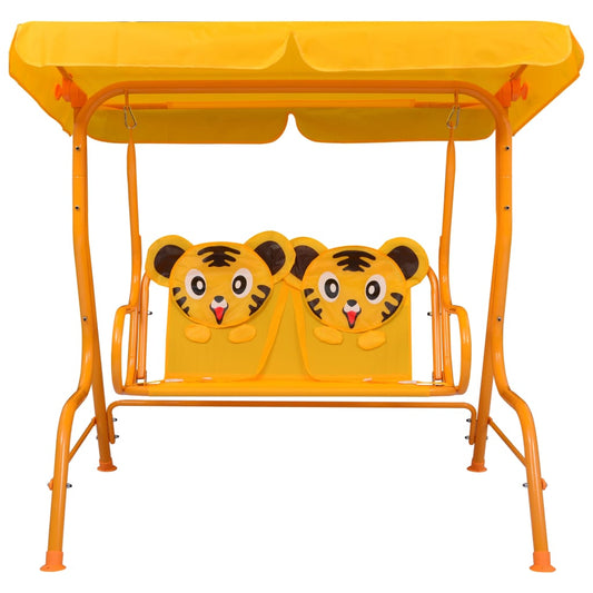 Yellow kids swing bench with canopy for outdoor play, sturdy steel frame design.