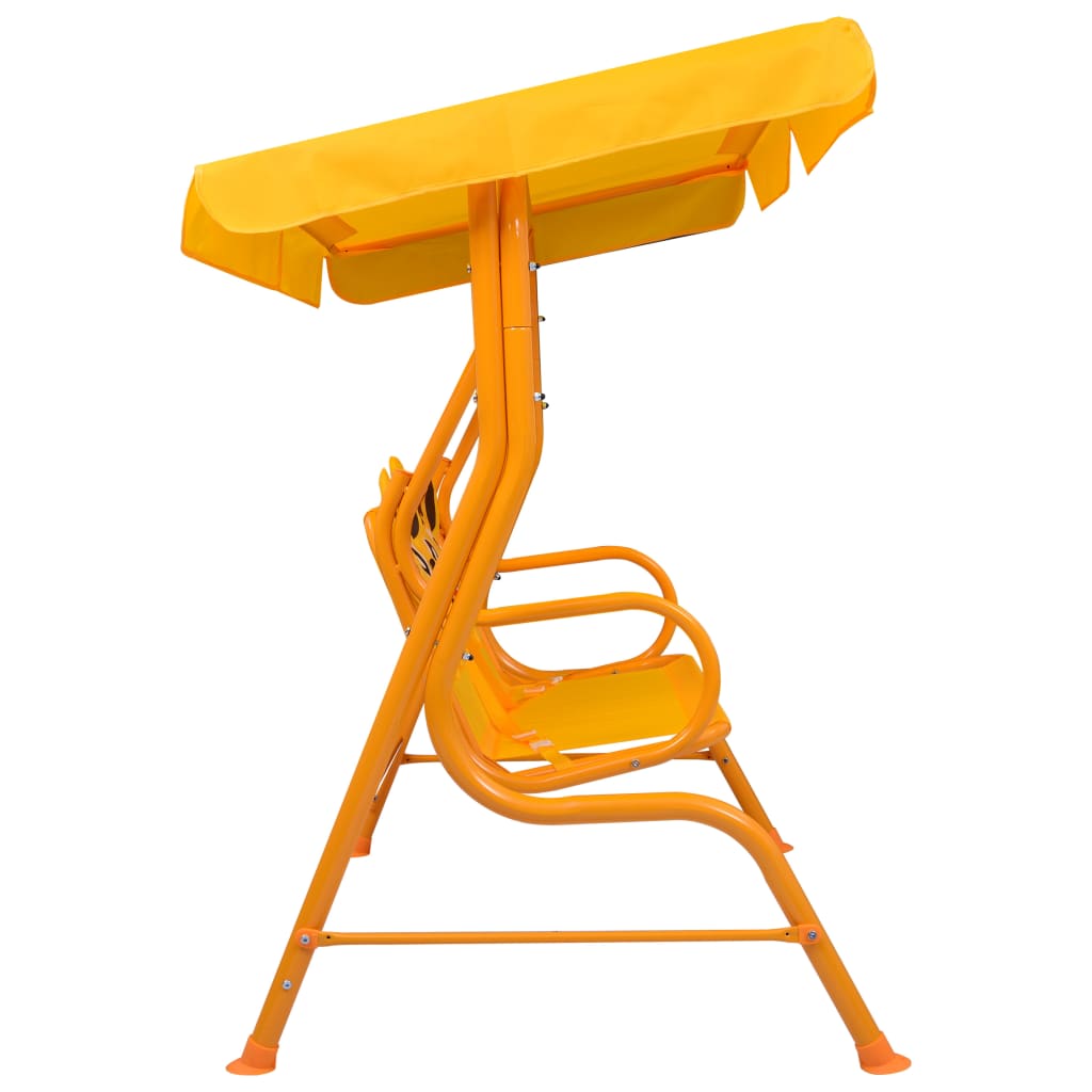 Yellow kids swing bench with steel frame and canopy for outdoor play.