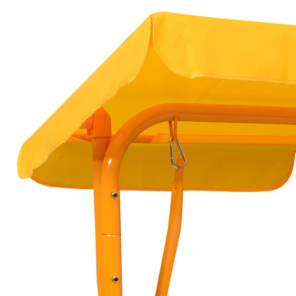 Yellow kids swing bench with steel frame and canopy for outdoor play.