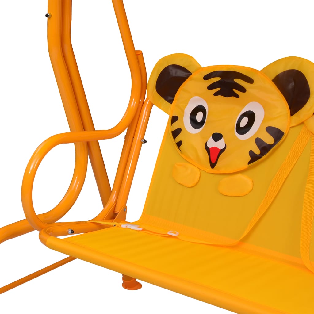 Yellow kids swing bench with canopy, perfect for outdoor fun and relaxation.