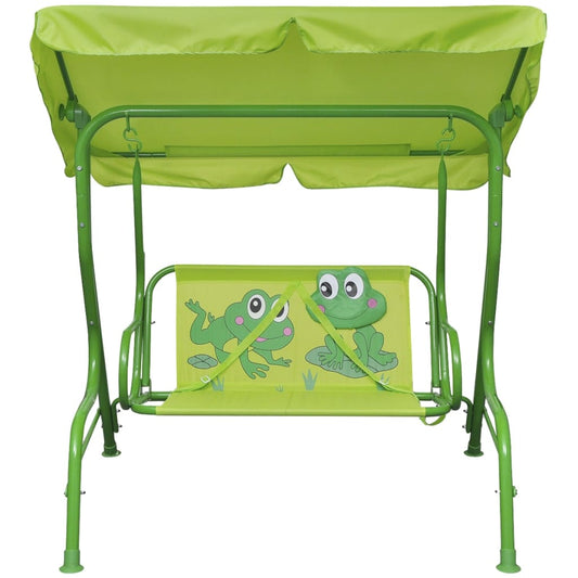 Kids green frog swing seat with canopy for fun outdoor play at home.