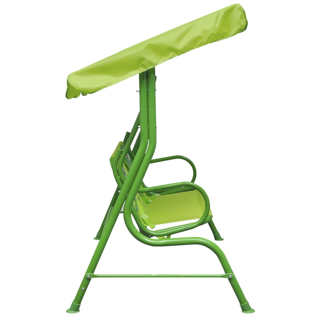 Kids green frog swing seat with canopy, perfect for backyard playtime fun outdoors.