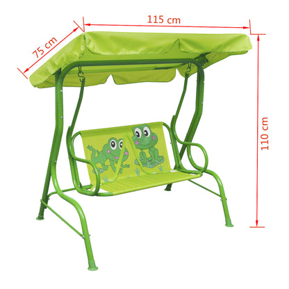 Green frog swing seat with canopy for kids - perfect outdoor play equipment.