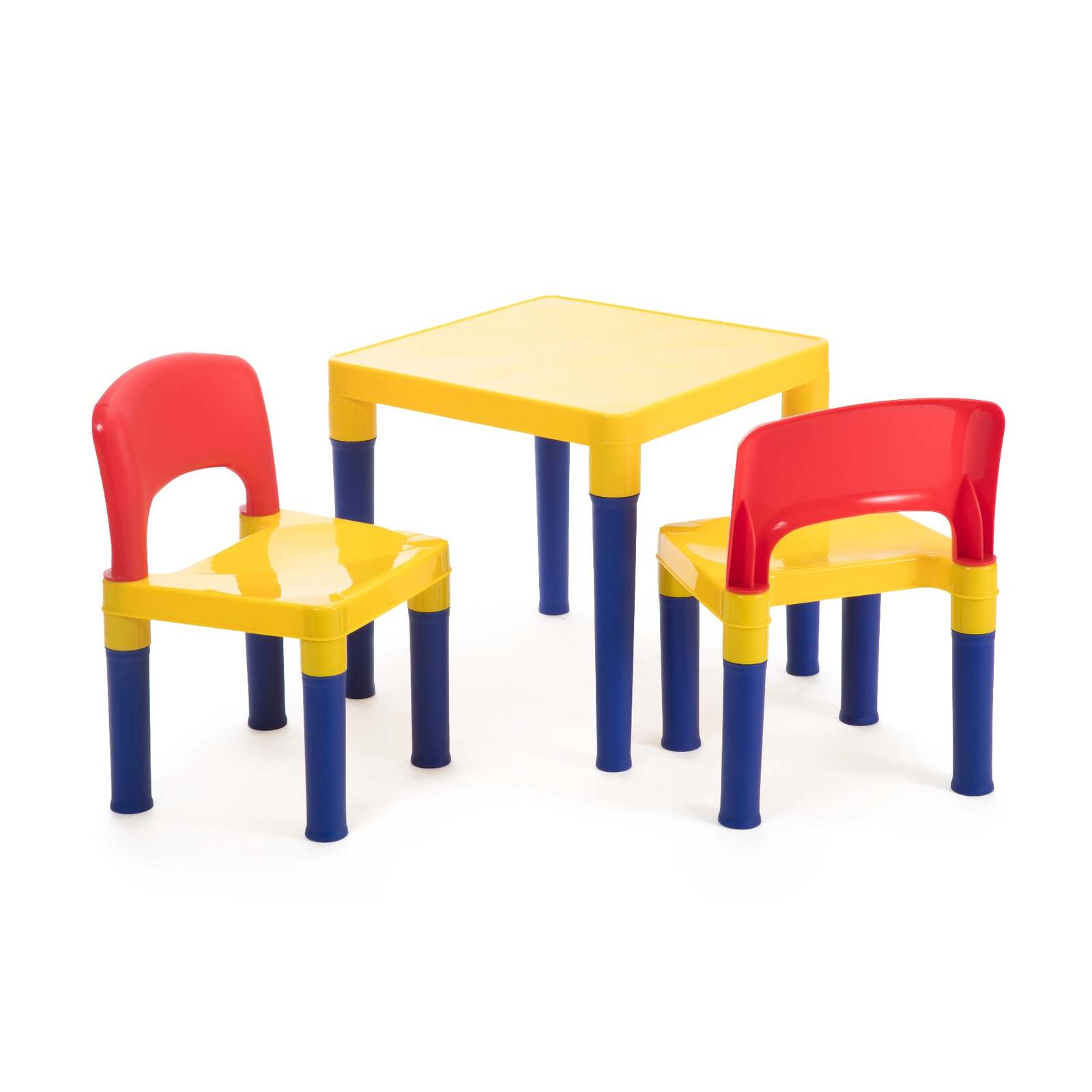 Colorful kids plastic table set with 2 chairs, perfect for play and learning activities.