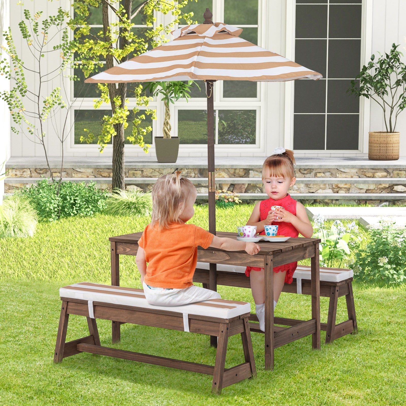 Kids Outdoor Table and Bench Set with Umbrella Kids Mega Mart