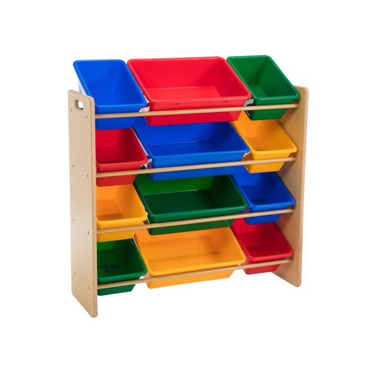 Colorful kids storage rack with 12 bins for organized toy storage in playrooms.