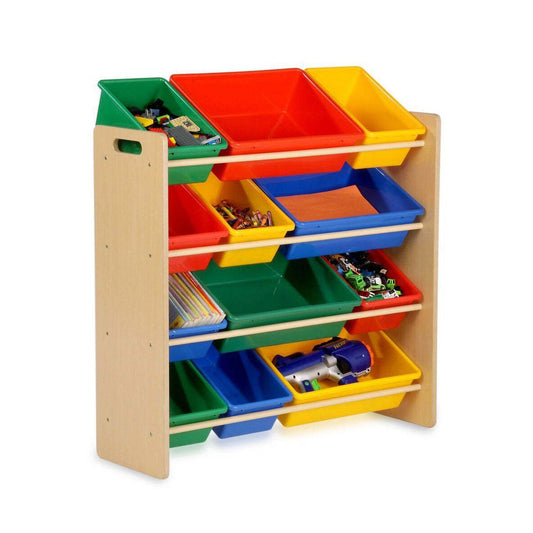 Colorful kids toy organizer with 12 bins for convenient storage and easy access.