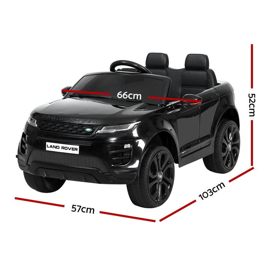 Black 12v Land Rover ride-on car for kids, battery-powered toy vehicle for home fun.