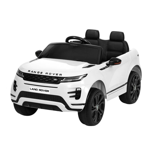 White 12v Land Rover kids ride-on car, ideal for home play.