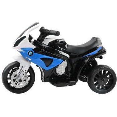 Blue BMW S1000RR kids ride-on motorbike toy for home play, officially licensed, realistic design.