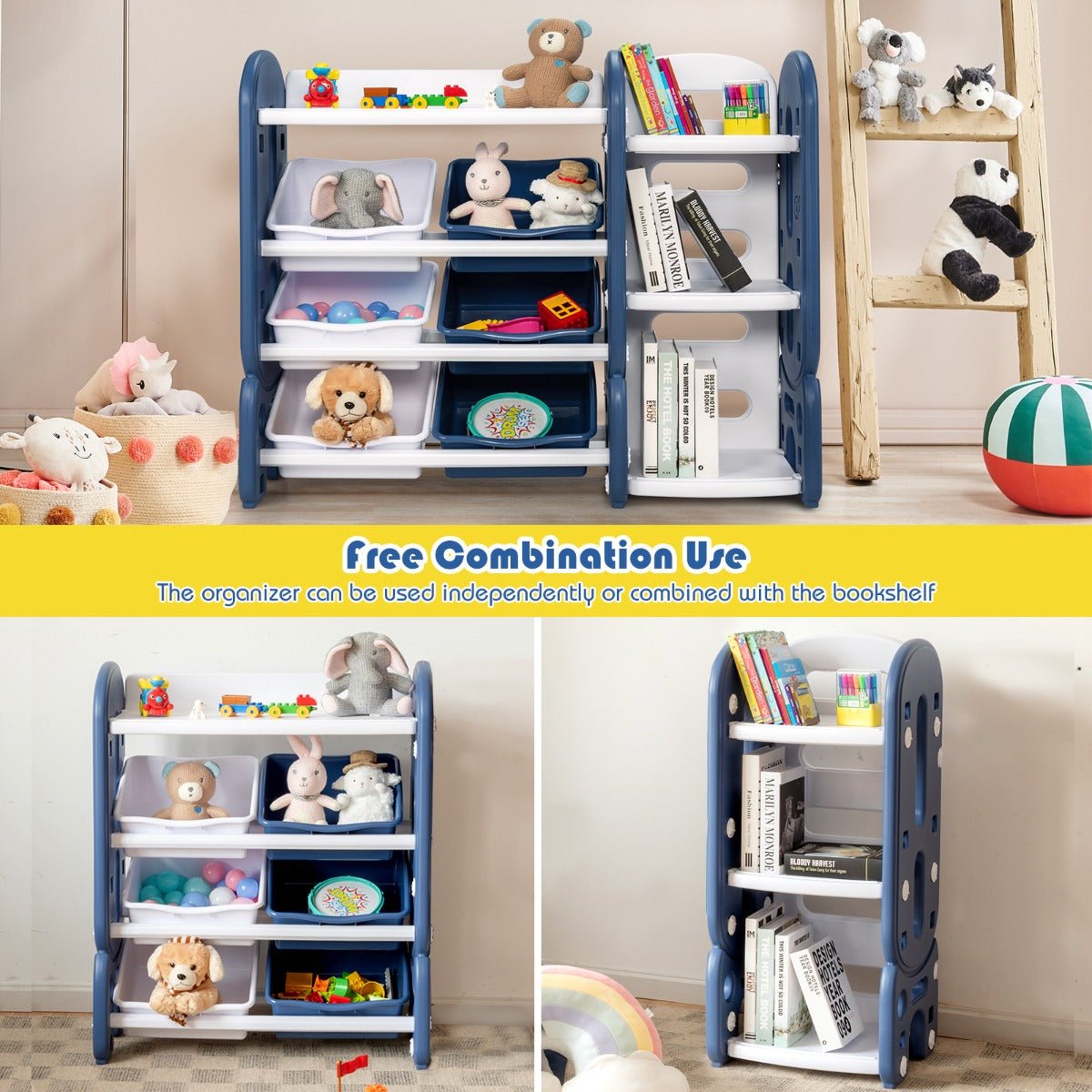 Enhance Bedroom Organization with Blue Toy Storage and Bookshelf