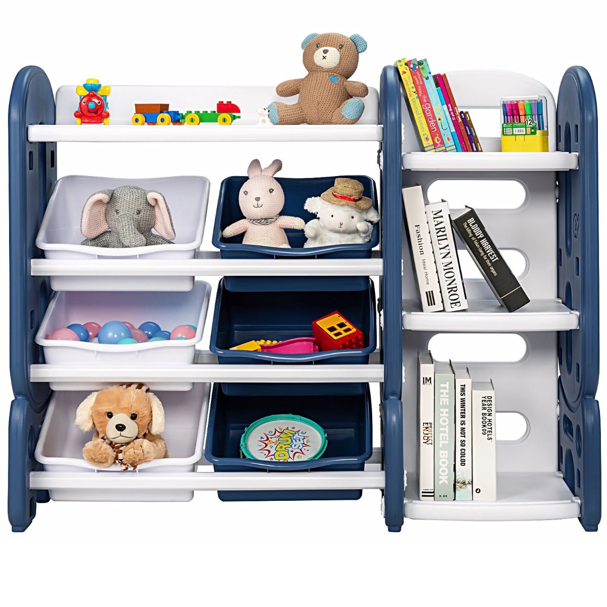 Kids Bedroom Organization - Blue Toy Storage with Bookshelf