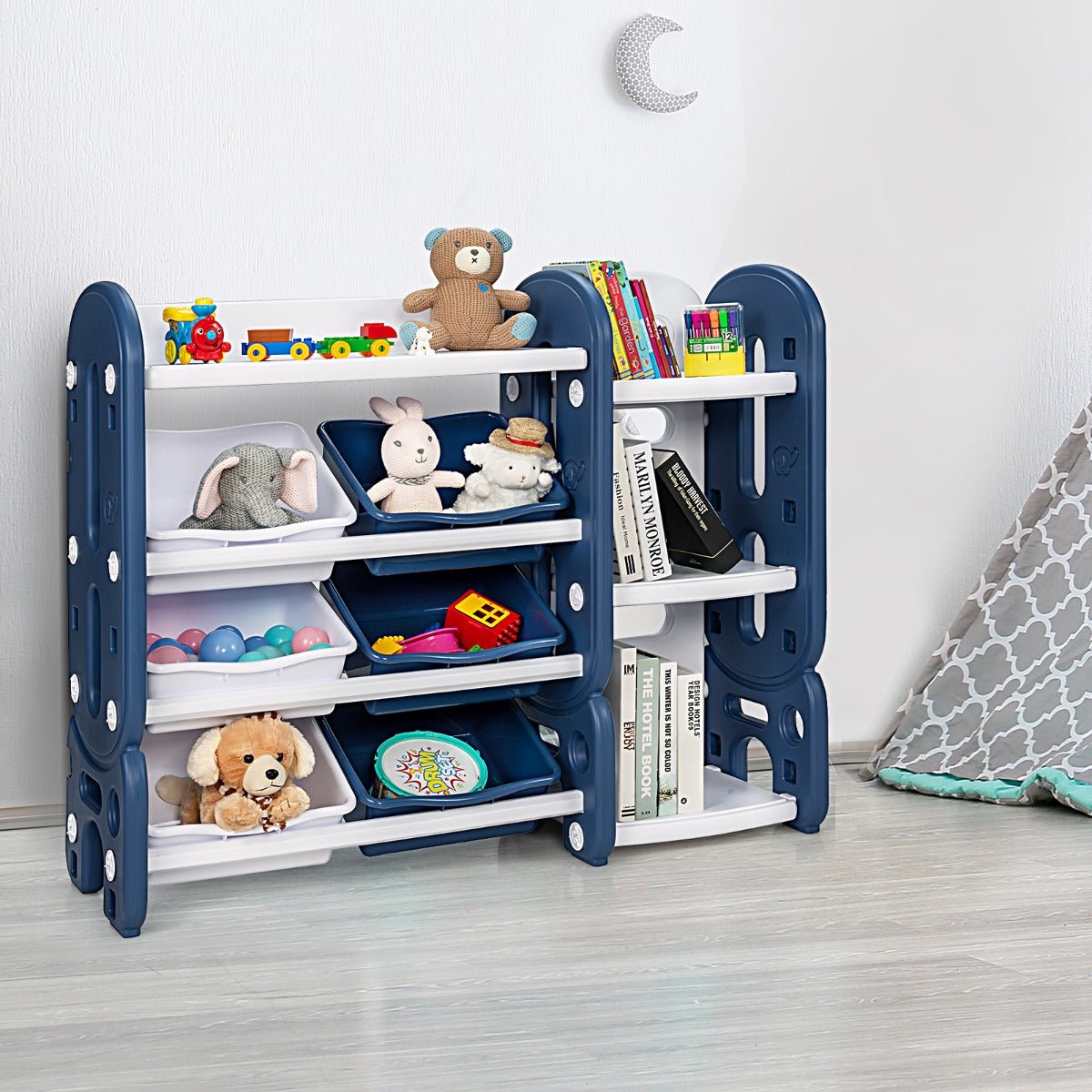 Blue Toy Storage Organizer with Bookshelf - Child's Room Harmony