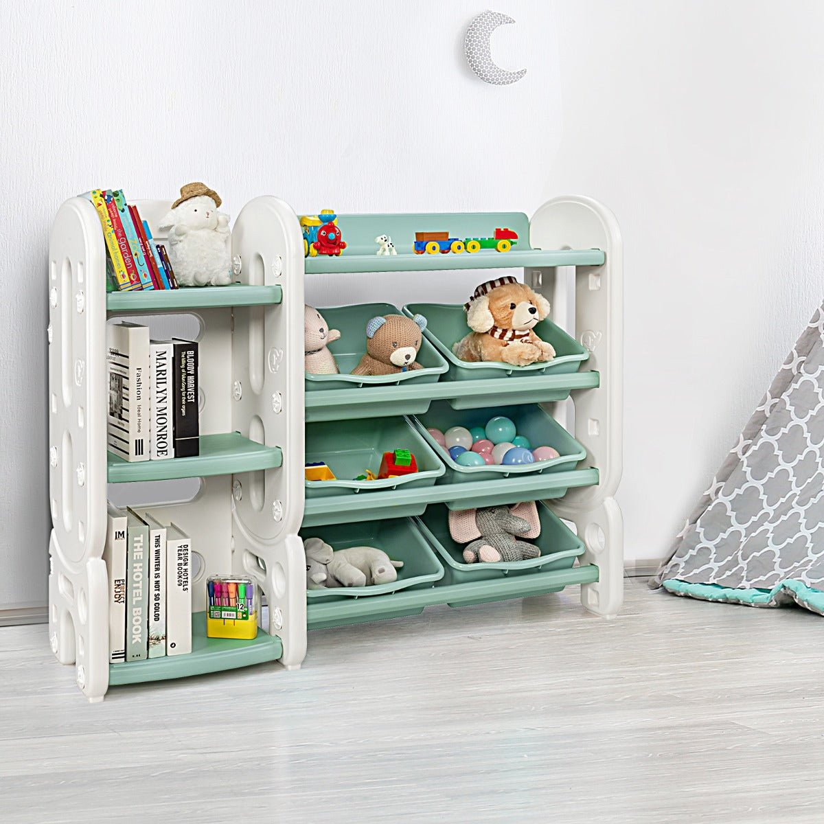 Green Toy Storage and Bookshelf for Child's Room - Organized Bliss