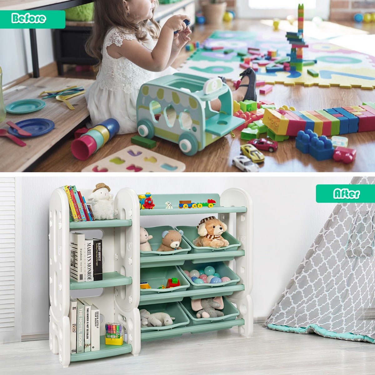 Child's Bedroom Green Toy Storage and Bookshelf - A Balanced Space