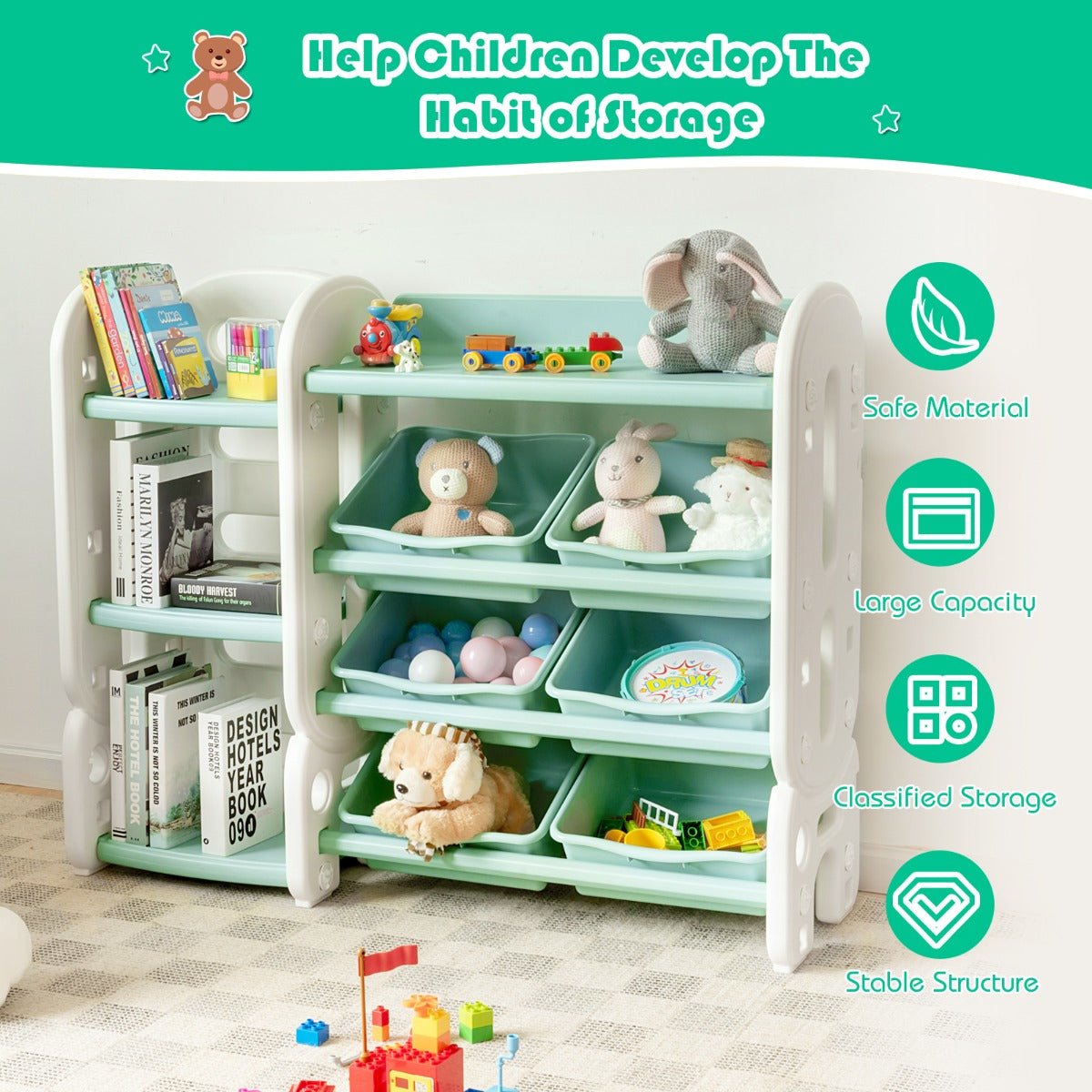 Green Toy Storage Organizer and Bookshelf - A Child's Delight