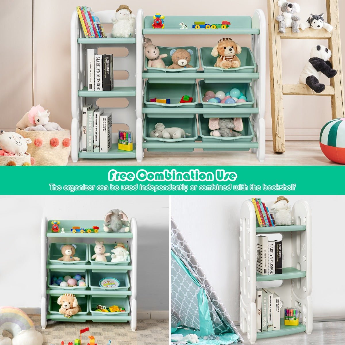Kid-Friendly Green Toy Storage with Bookshelf - Playful Storage Solution