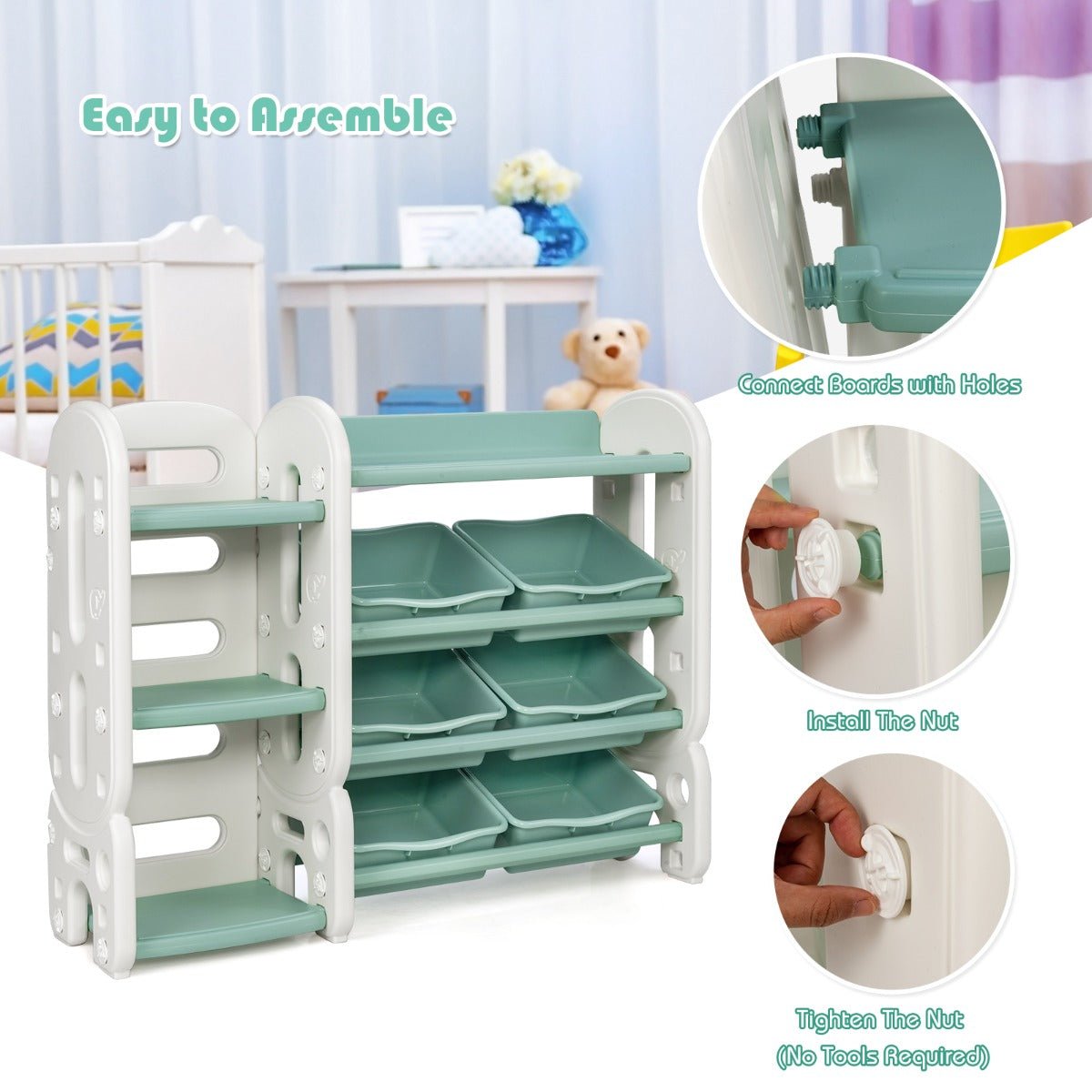 Enhance Bedroom Space with Green Toy Storage Organizer and Bookshelf