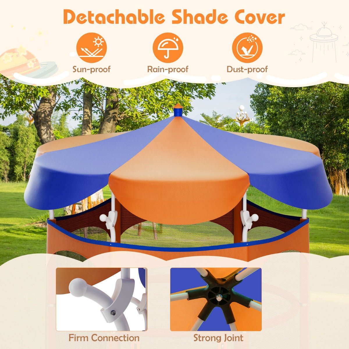 Blue Orange Kids Trampoline with Canopy for safe outdoor fun, ideal for home play.