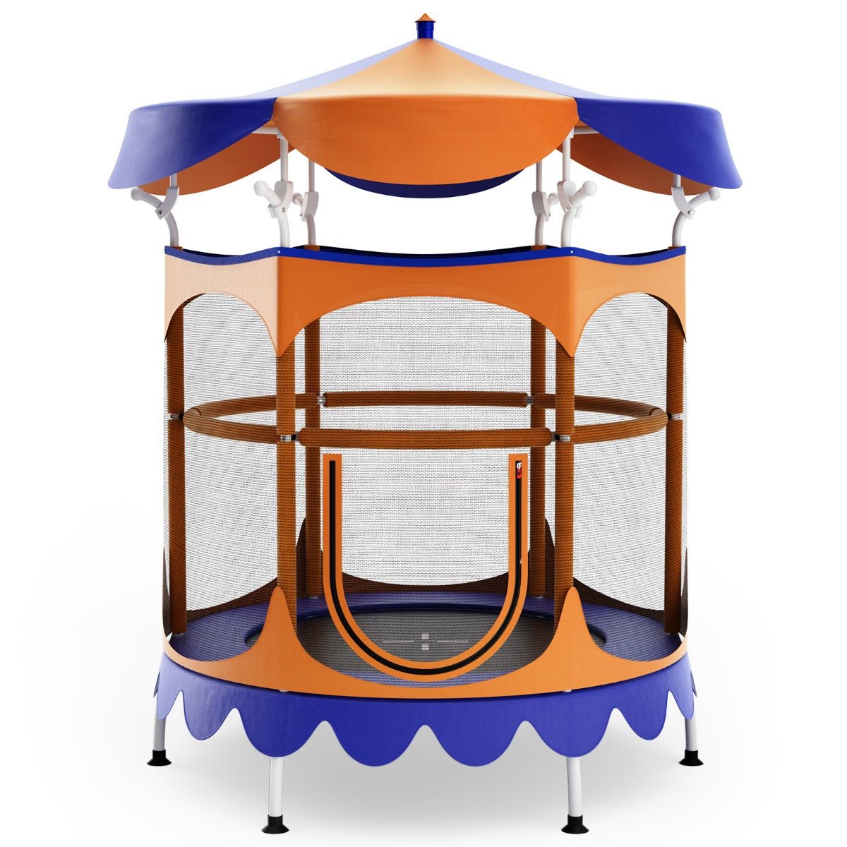 Blue and orange kids trampoline with canopy for outdoor fun, 162cm.