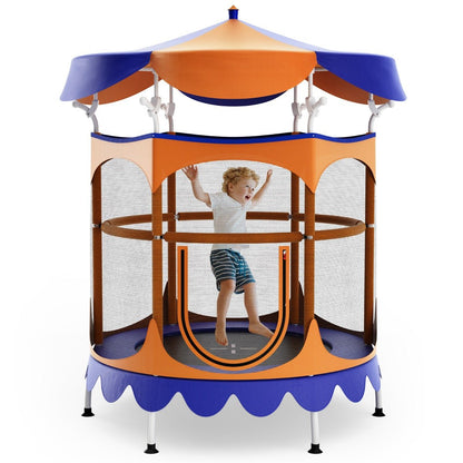 Blue and orange kids trampoline with canopy for outdoor fun, 162cm size ideal for home.