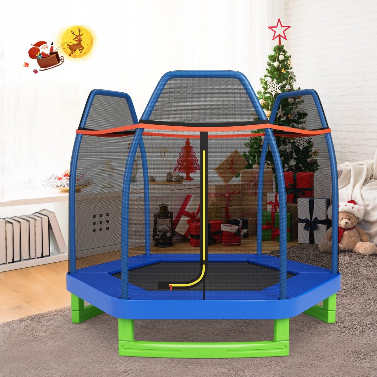 Secure Fun: Kids Trampoline with Safety Enclosure Net for Outdoor Play Blue